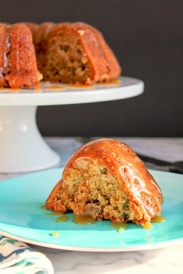 Apple Pecan Bundt Cake with Salted Caramel Drizzle