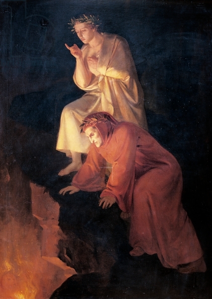 Virgílio (70-19 aC) e Dante olhando para a mulher-aranha, ilustração da  Divina Comédia (Inferno) de Dante Alighieri (1265-1321) Paris, publicada  em