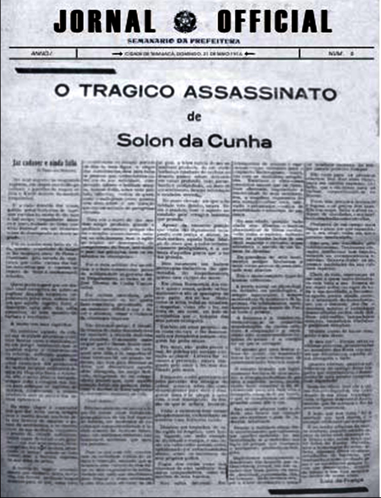 Exemplar do Jornal Official destacando o assassinato de Sólon da Cunha