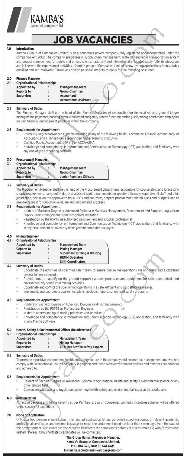5 Job Opportunities at Kamba’s Investments Company Limited  Deadline: 21 September, 2018 