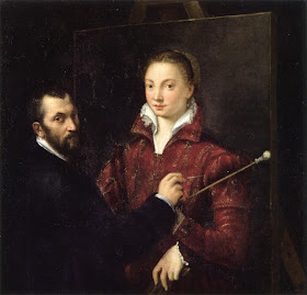 Anguissola's painting of herself being painted by her teacher, Bernardino Campi, during her early days in Cremona