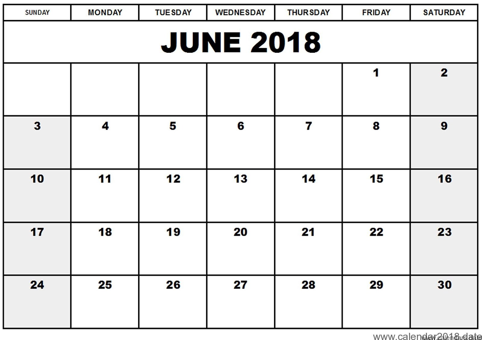 June Calendar Template 2018