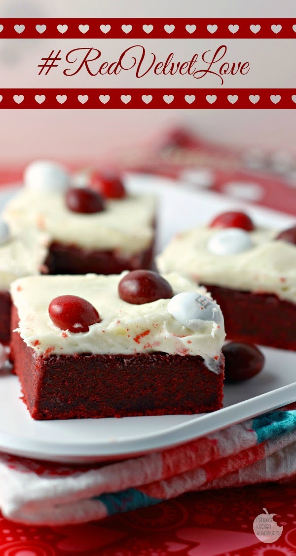 Red Velvet Cookie Bars | Renee's Kitchen Adventures: Brownie-like bars topped with cream cheese frosting and topped with M&M's® #RedVelvetLove #ad