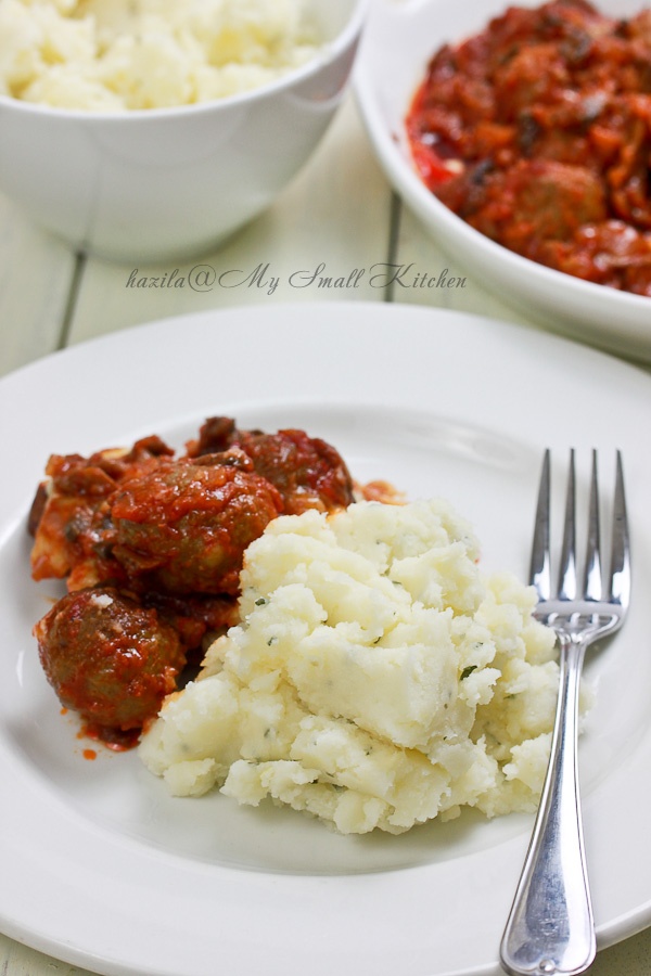 My Small Kitchen Cheesy Baked Meatballs and Mashed Potatoes