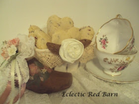 Eclectic Red Barn: Cherry Scones in Ceramic Basket with Tea Cups and Vintage Wooden Shoe