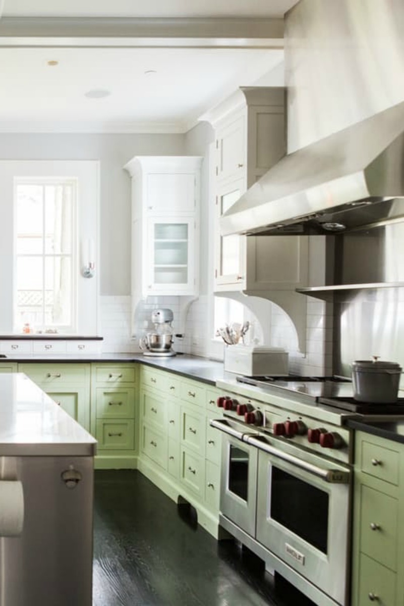 Modern farmhouse kitchen with Shaker cabinets and industrial style on Hello Lovely Studio