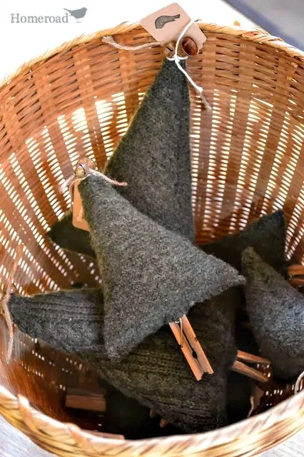 boiled wool Christmas trees in a basket