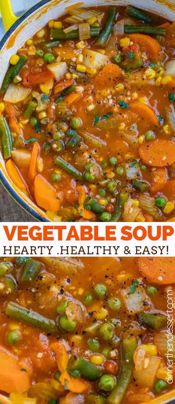 Vegetable Soup is hearty and savory, full of nourishing veggies like tomatoes, corn, green beans, celery, and potatoes, ready in under 45 minutes! #easy #healthy #lowcarb #soup #stew #vegetarian #simple #dinnerthendessert Vegetable Soup is hearty and savory, full of nourishing veggies like tomatoes, corn, green beans, celery, and potatoes, ready in under 45 minutes! #easy #healthy #lowcarb #soup #stew #vegetarian #simple #dinnerthendessert