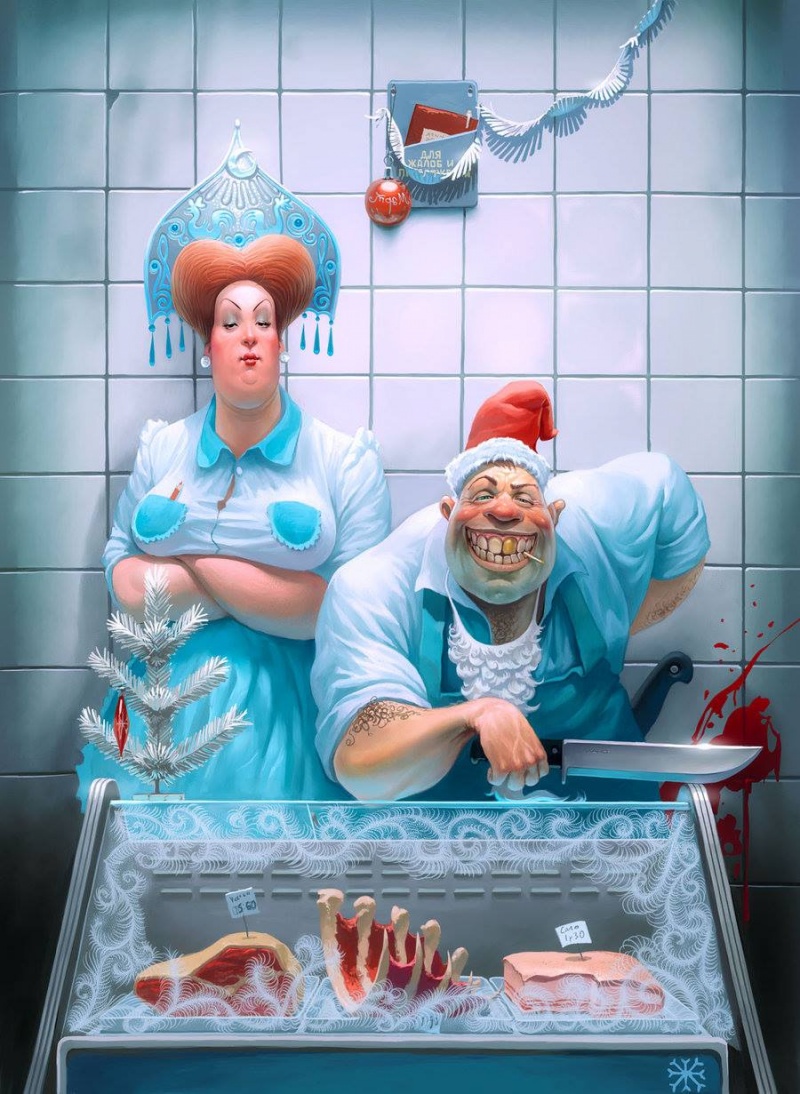 15 Satirical Paintings Perfectly Illustrate The Insanity Of Modern Day Society - At the butcher’s shop