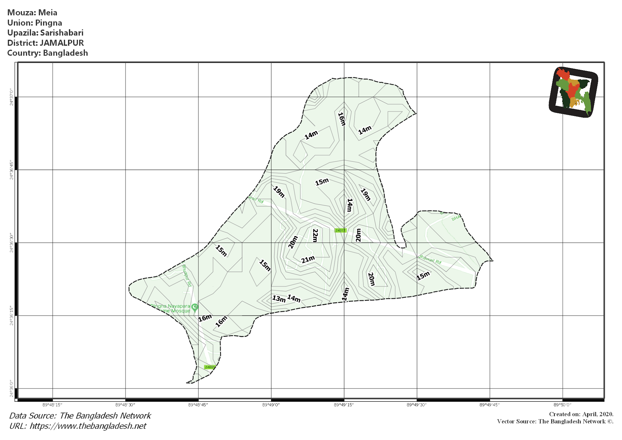 Map of Meia Mouza of Sarishabari Upazila, JAMALPUR, Bangladesh.