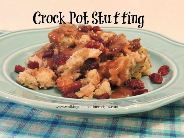Crock Pot Stuffing or Dressing made in the crock pot from Walking on Sunshine Recipes. An easy recipe to make stuffing or dressing in the crock pot to help you free up space in the oven for the turkey on Thanksgiving Day from Walking on Sunshine Recipes.
