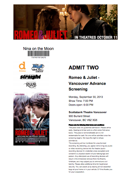 Romeo & Juliet 2013, advanced screening ticket