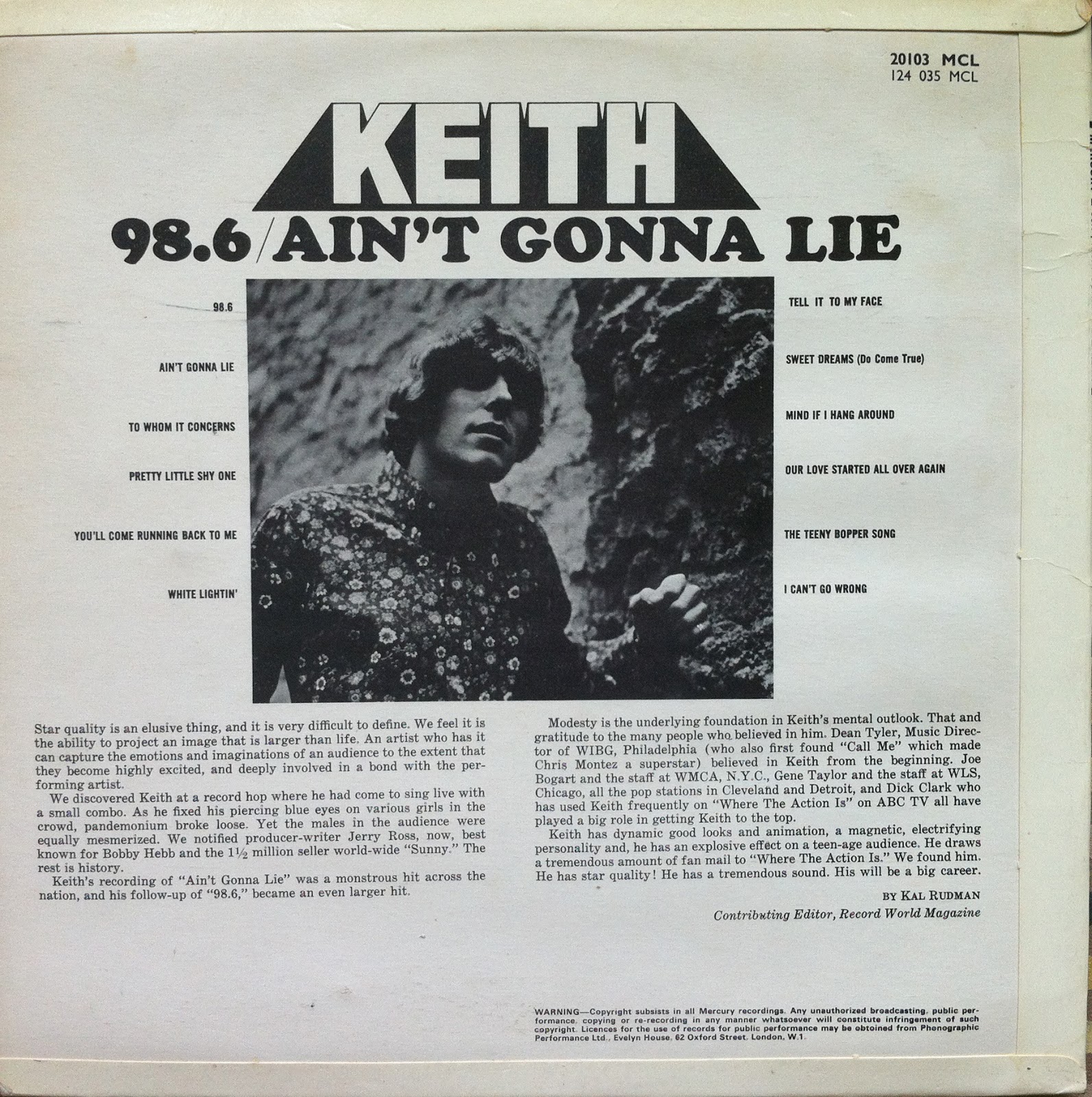My Personal Record Guide: Keith - 98.6/Ain't Gonna Lie, Mercury 20103 MCL