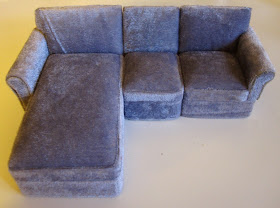 Modern dolls house miniature three piece grey velvet sectional sofa with chaise