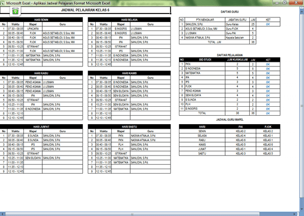 Aplikasi Jadwal Pelajaran SD Format Microsoft Excel Aplikasi Jadwal Pelajaran SD Format Microsoft Excel