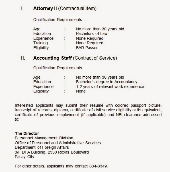 Department of Foreign Affairs (DFA) Jobs as of December 22, 2014