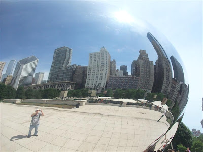 city reflection in sculpture, the bean, chicago, cloud gate