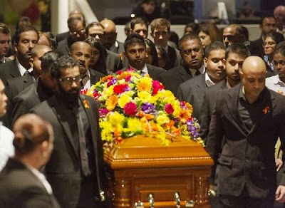 Myuran Sukumaran's coffin enters the service. Photo: James Brickwood Myuran Sukumaran's coffin enters the service. Photo: James Brickwood