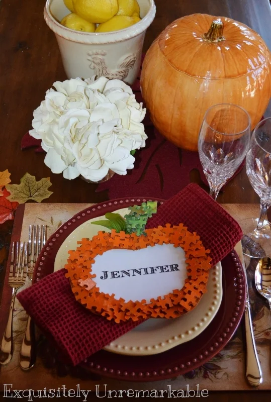 Puzzle Piece Place Card on a Thanksgiving table setting