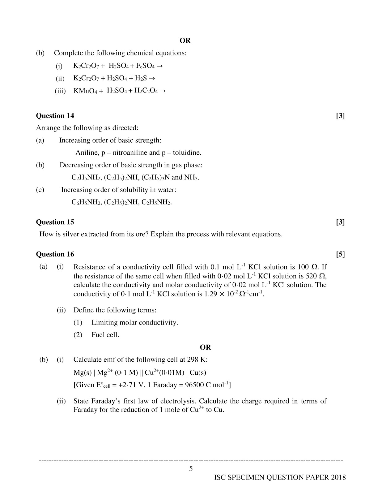 isc 2018 class XII Chemistry (Theory) paper-1 specimen question paper isc 2018 class 12th Chemistry (Theory) Sample paper
