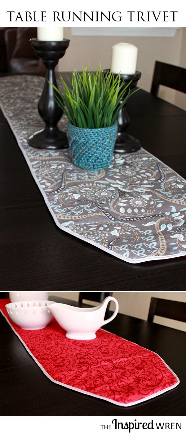 Great pictorial illustrating how to sew a table runner that functions as a hot-pad/trivet -- and it's reversible! | The Inspired Wren