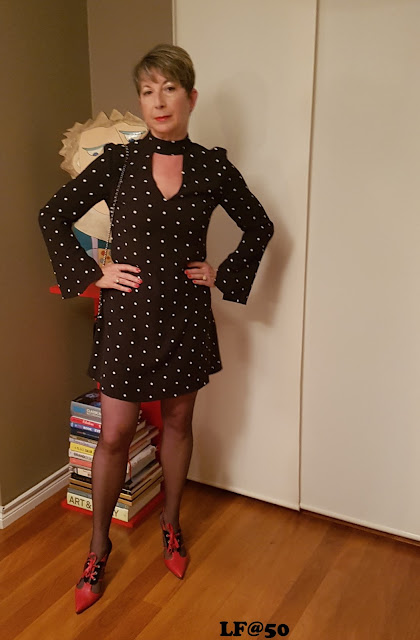 Polka dots black choker dress with flare sleeves 