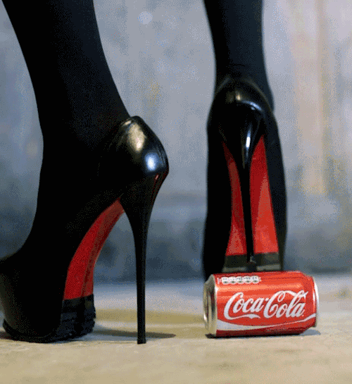 m e m o Christian Louboutin (ish?) high heel stepping on a coke can gif