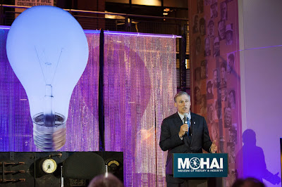 Washington Governor Jay Inslee addresses the crowd during a launch event for the Bezos Center for Innovation at the Museum of History and Industry in Seattle