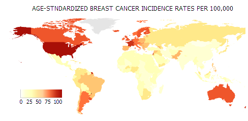 Global distribution of incidence of breast cancer