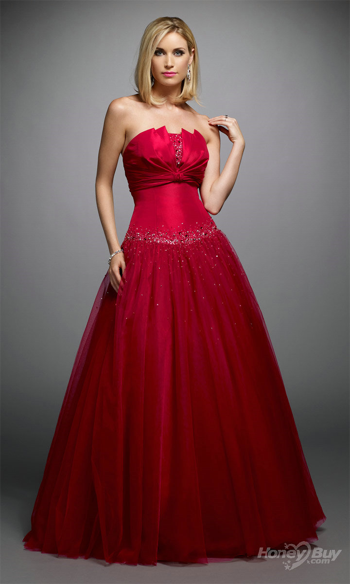 Honey Buy Red Strapless Ball Gowns Evening Dress