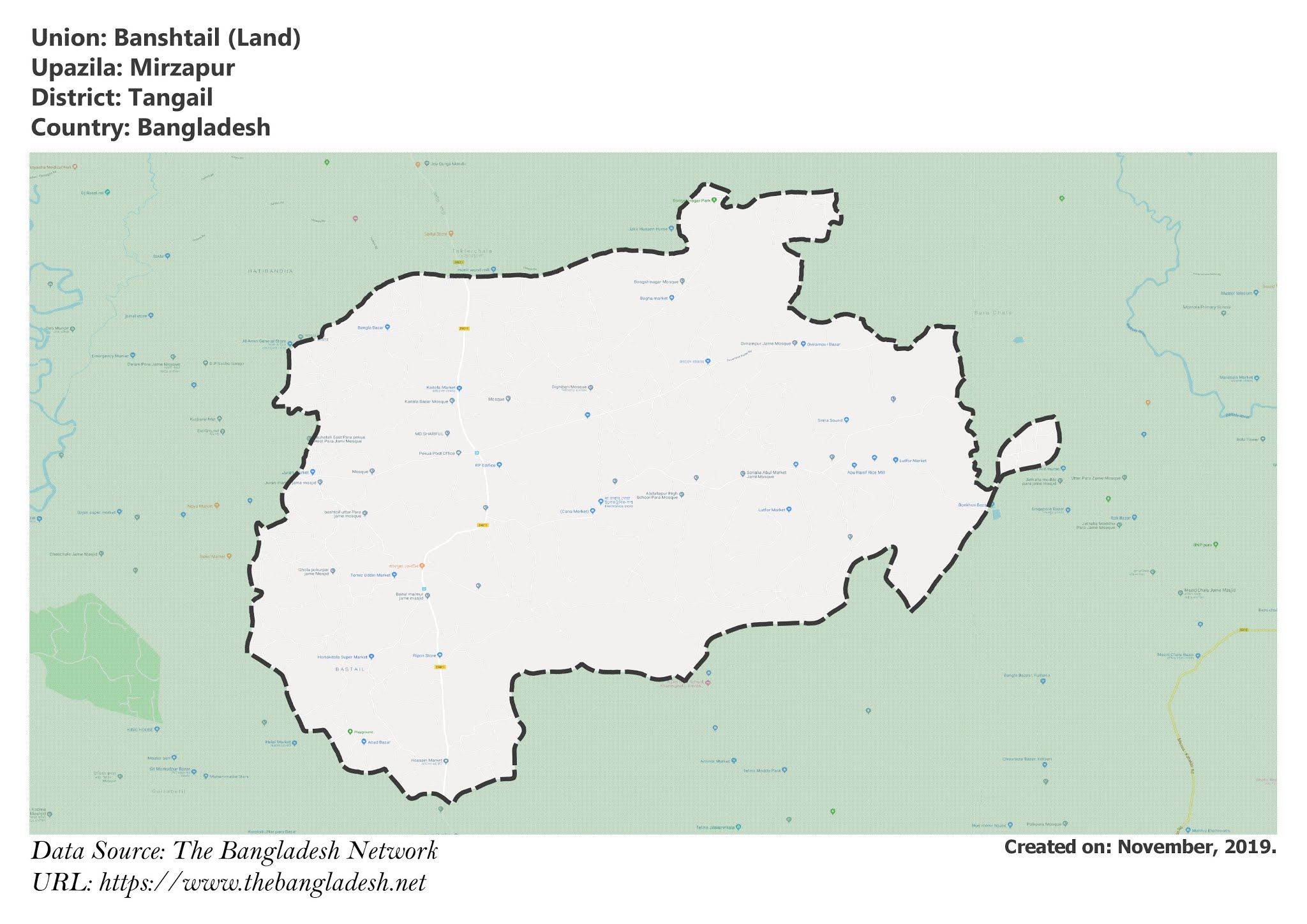 Map of Banshtail of Tangail, Bangladesh.