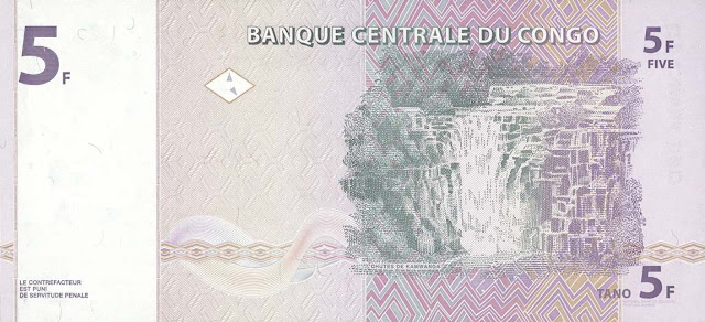 Currency of the Democratic Republic of the Congo 5 Congolese francs banknote 1997 Kamwanga Falls