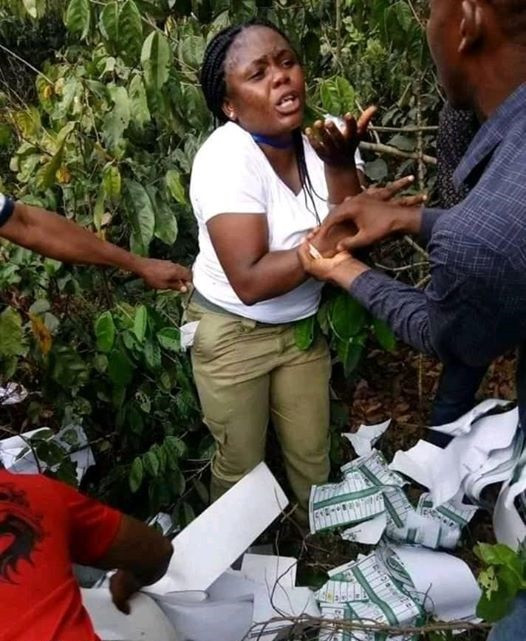 Female Corper Caught In The Bush Destroying Ballot Papers In Imo (Photos)