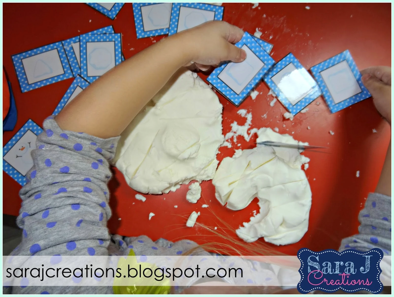 Snow dough is sensory fun for toddlers and preschoolers.  Grab your free matching cards for some winter fun!