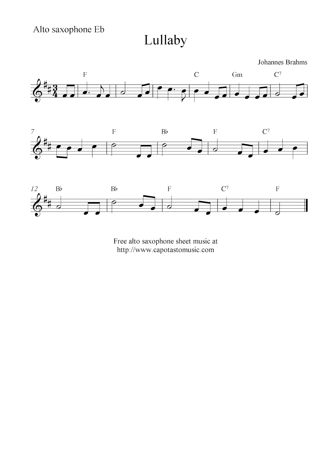 Easy Sheet Music For Beginners Lullaby by Johannes Brahms, free alto