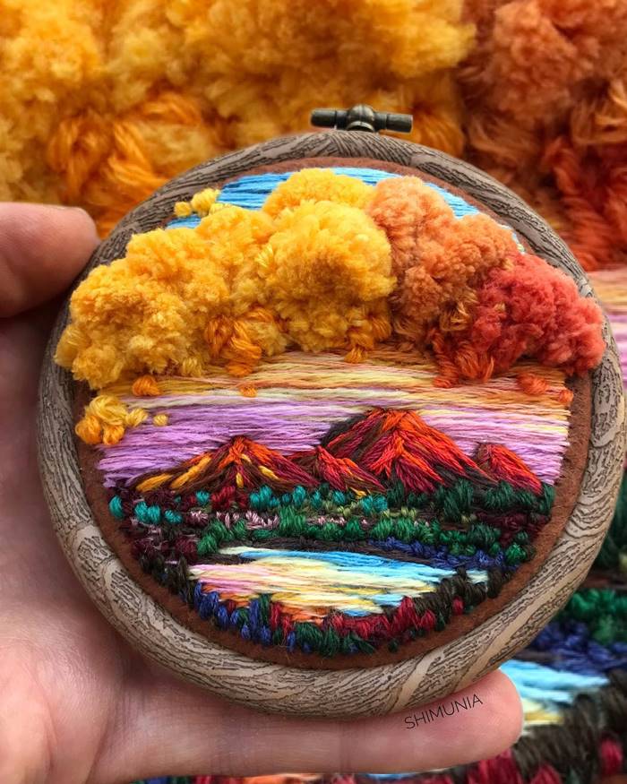 Scenic landscapes on volumetric mini-embroideries by Vera Shimunia | Air clouds, rainbow sunsets and other beauties by Vera Shimunia
