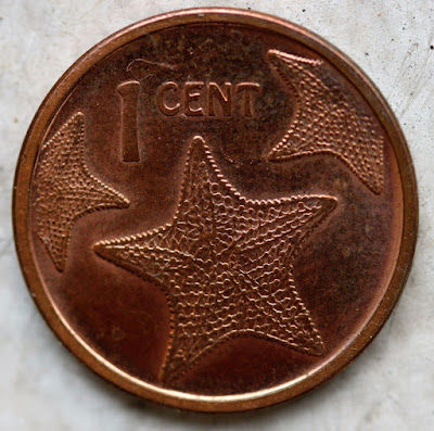 Reverse of 2009 cent from the Bahamas, starfish, value