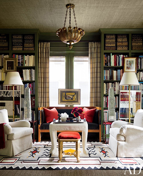 The Peak Of Très Chic My 8 Favorite Home Libraries I Fell In Love With The Wallpapered Ceiling Paul Ferrante Light Fixture And Olive Green Paint Color On Shelves