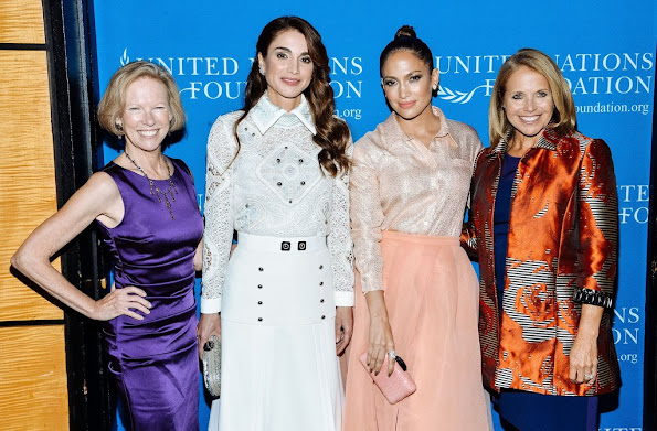 Queen Rania of Jordan, Jennifer Lopez and Kathy Calvin, Katie Couric, President and CEO, UN Foundation attend the UN Foundation's Gender Equality Discussion