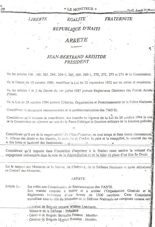 L'Arrêté d'Aristide ds le Moniteur No.21 du lundi 13 Mars 1995  sur l'Armée et la Police.