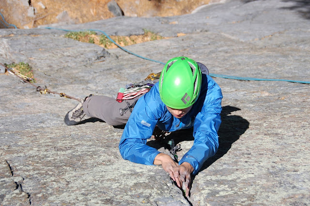 George trad leading a 5.8 route at TJ Swan Cliff in Mammoth Lakes California