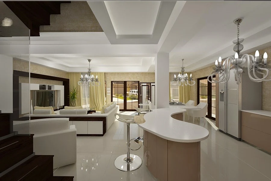 Design interior - living - cu - bucatarie - casa - moderna 