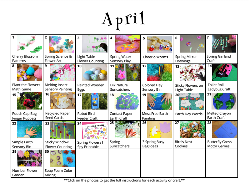 Free downloadable activity calendar for kids for the month of April from And Next Comes L