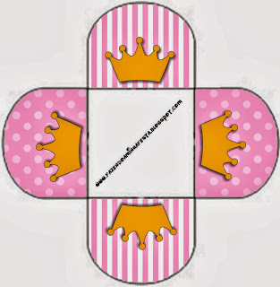 Coronas sobre fondo rosa: Cajas para Imprimir Gratis. Esta cajita queda abierta, es para poner caramelos o pastelitos, por ejemplo.