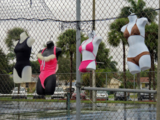 Sexy garments offered for sale hang on fence.