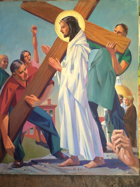 Image of fifth Station of the Cross Simone of Cyrene Helps Jesus to carry his cross. Painting by Francis J. Quirk Image of Francis Quirk Painting "Fifth Station of the Cross" "Simone of Cyrene Helps Jesus to carry his cross" Painting by Francis J. Quirk