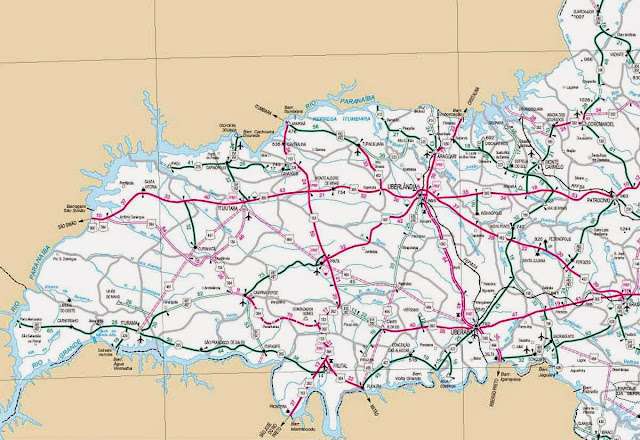 Mapa rodoviário da região de Uberlândia
