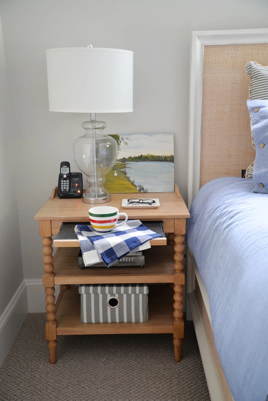 spool nightstand, rattan headboard, country cottage bedroom | Ramblingrenovators.ca