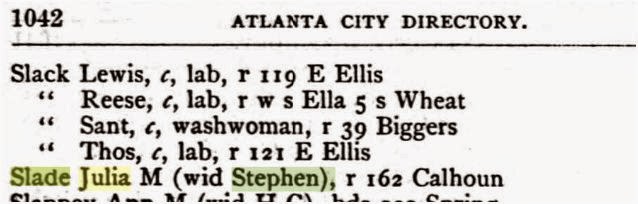 Julia Slade Atlanta, GA City Directory 1890  http://jollettetc.blogspot.com