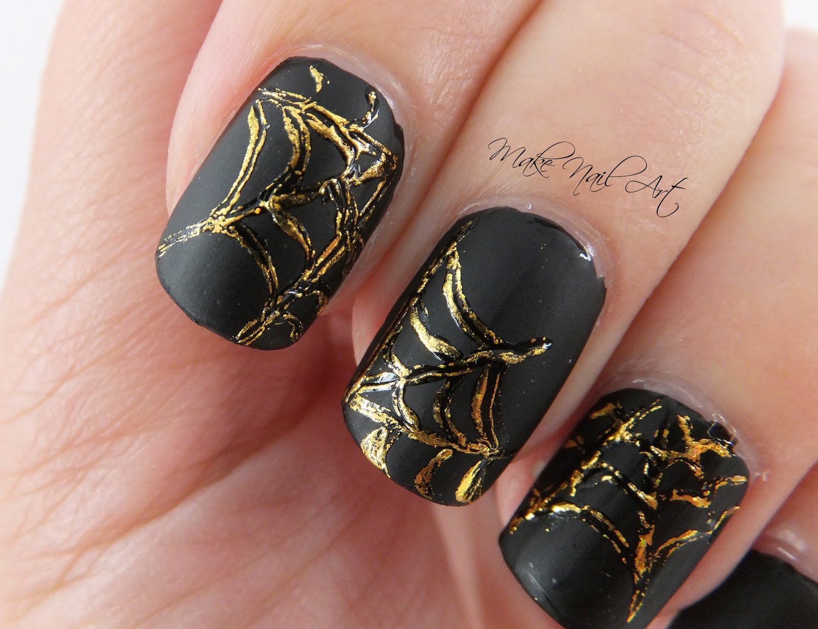 Gold Foil Spider Web Halloween Nail Art Design Tutorial Make Nail Art